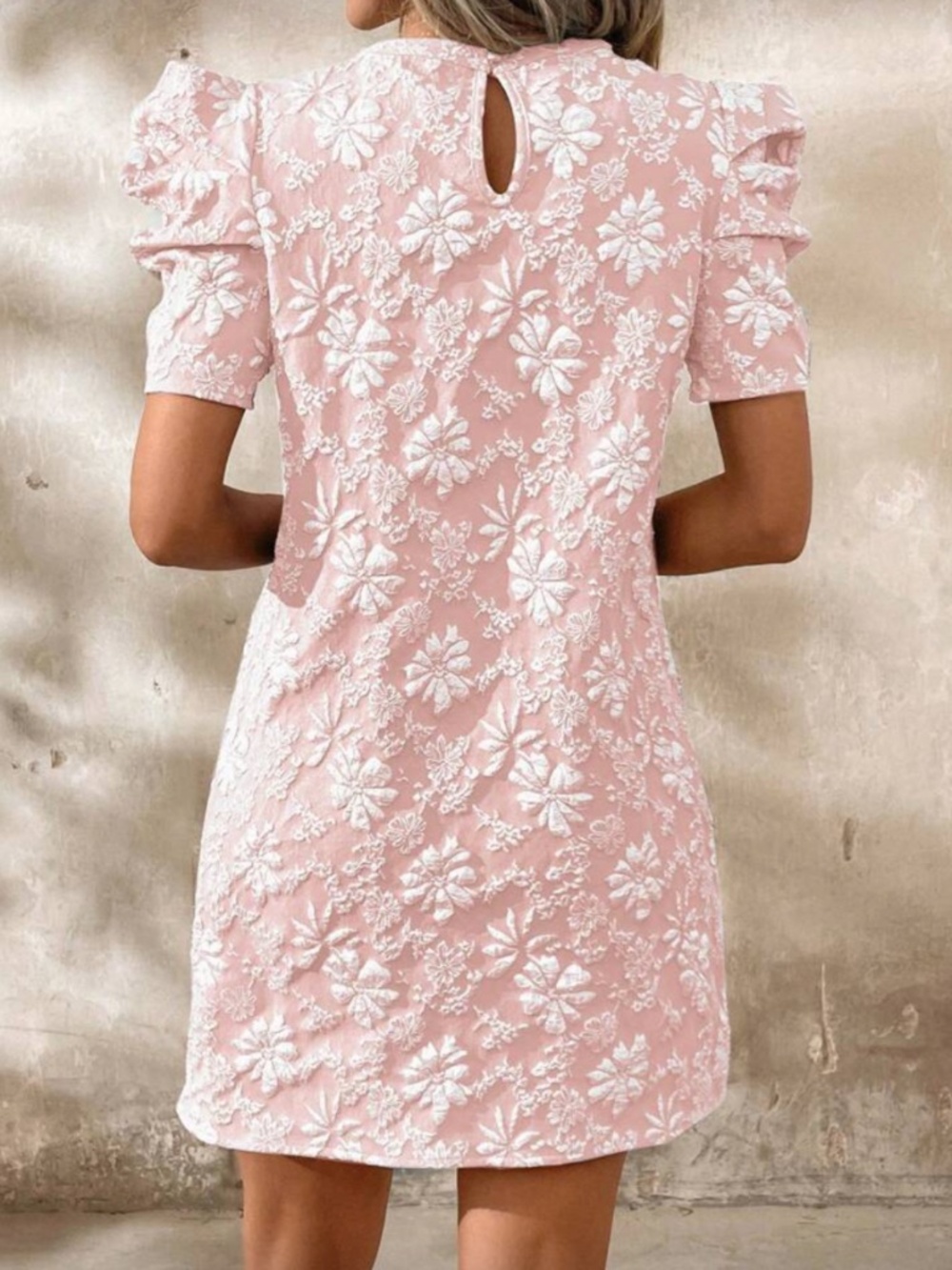 Women's Floral Jacquard Mini Dress with Ruffle/Puff Sleeves - Picture 2 of 4